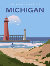 Michigan. The Great Lakes State. Touristic Poster In Vector