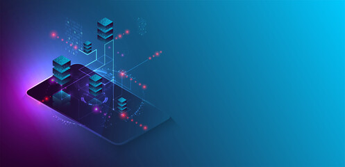Isometric big data processing concept, cloud database. Abstract technology background. Vector illustration