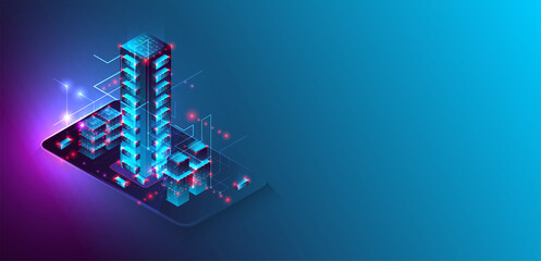 Wall Mural - Isometric big data processing concept, cloud database. Abstract technology background. Vector illustration