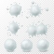 Snowball splatter. Snow splashes and round white snowballs winter kids fight game elements, decoration set for christmas holidays realistic 3d vector set isolated on transparent background