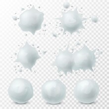 Snowball Splatter. Snow Splashes And Round White Snowballs Winter Kids Fight Game Elements, Decoration Set For Christmas Holidays Realistic 3d Vector Set Isolated On Transparent Background