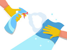 Disinfection And Cleaning Concept With A Gloved Hand Spraying Anti-bacterial Spray From An Atomiser Bottle, Colored Vector Illustration