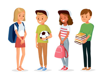 Vector set of kids children teenagers characters in different poses, clothes , wear with books. Children fashion models, Kids apparel. Classmates going to go to school.