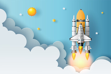 Paper art style of the space shuttle taking off in space, start-up concept, flat-style vector illustration.