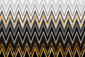 Wavy black gray and white with gold zigzag stripes. Horizontal chevron pattern. Digital illustration