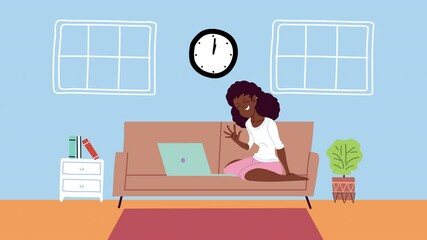 Canvas Print - afro young woman in telework using laptop in the livingroom