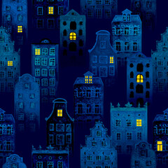  Halloween fairy dark night city seamless pattern of watercolor colorful european amsterdam style houses