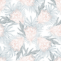  Abstract seamless pattern with tropical leaves. Vector template.