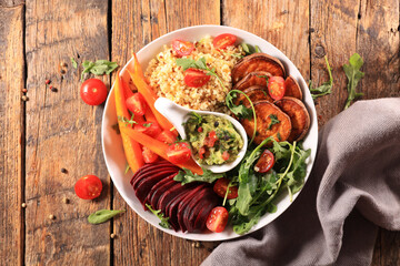 Poster - mixed vegetable salad with beetroot, carrot, sweet potato, lettuce, cereals and guacamole