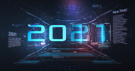 Aufkleber - Modern futuristic technology template for 2021. New year 2021 in vr style HUD,GUI, UX. Futuristic background your design.Technology background. Digital data visualization. Hi-tech innovation. ar SPACE