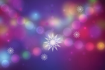 Wall Mural - A festive abstract Happy New Year or Christmas background texture with colorful gold yellow blue pink blurred bokeh lights, stars and christmas balls. Space for design. Card concept or advertising.