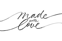 Made With Love Lettering For Handcrafted Goods. Hand Drawn Black Line Calligraphy With Swooshes. Ink Vector Inscription Isolated On White Background. Stylish Logo For Your Product, Tags. 