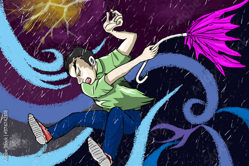 Photographie 猛烈な台風で、大雨と強風と雷で
傘も壊れて、悪戦苦闘する様子を描きました。