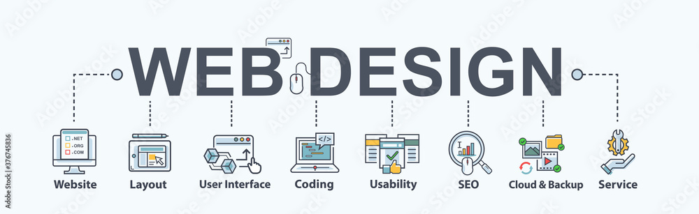Web design banner web icon for business and e-commerce, website, SEO, layout, usability, UI, coding, developer, cloud, support and service. Minimal flat vector infographic. - obrazy, fototapety, plakaty 