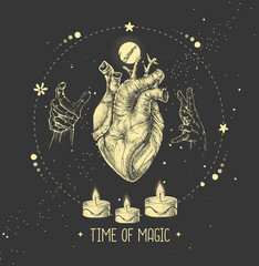 Wall Mural - Modern witchcraft magic card with human heart. Astrology love horoscope. Vector illustration