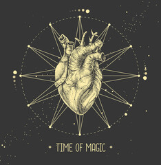 Wall Mural - Modern witchcraft magic card with human heart. Astrology love horoscope. Vector illustration