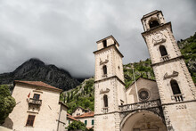 Low Angle View Of Church Bell Towers In Old Town, Kotor, Montenegro