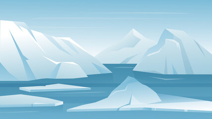 Wall Mural - Arctic Antarctic landscape vector illustration. Cartoon frost nature scenery of North with iceberg snow mountain, melting ice glacier in blue northern ocean water. Cold climate winter scene background