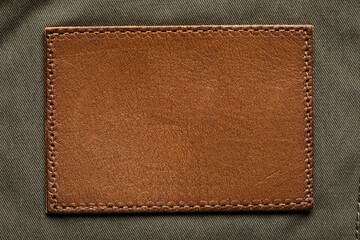 blank brown leather label, macro close up. leather patch with stitching