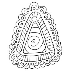 illustration coloring book adult and children image black and white abstract triangle with lines and spirals and circles and isolated on a white background for prints, postcards, design, decor