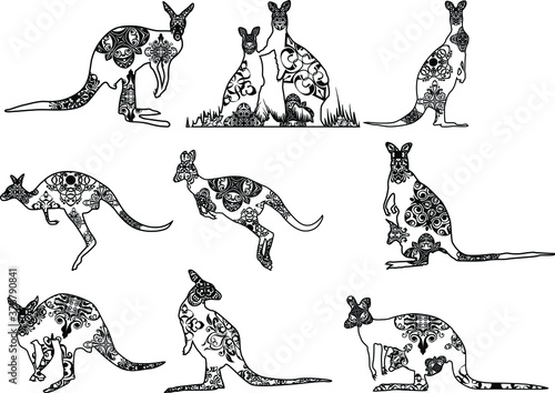 Set of Kangaroo Vector Black Design With Nature Pattern Poster Mural XXL