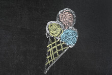 Drawing Of Ice Cream On Chalkboard. Summer Holidays