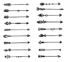 Indian Arrow Icon. Hand-drawn Feathery Arrow Indian Style Isolated Set. Ethnic Tribal Weapon Sketch Icon. Native Artifact With Quill Feather, Decorative Element. Vector Archery Equipment Illustration