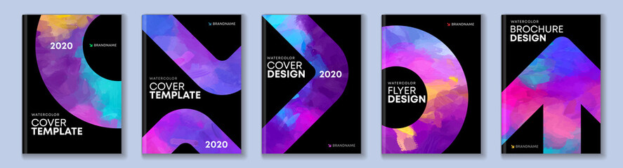 Wall Mural - watercolor booklet brochure colourful abstract cover template bundle set with black background