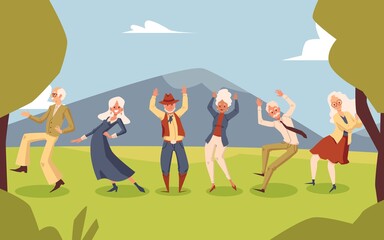 Elderly people dancing at party on landscape backdrop flat vector illustration.