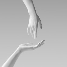 White Beautiful Woman's Hand Sculpture Isolated On Yellow Background. Palm Up Showing And Presenting Female Art Creative Concept Banner, Mannequin Arm 3d Rendering