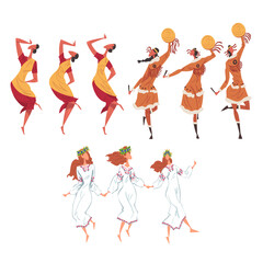 Canvas Print - Ritual Dance Set, People of Different Nationalities Dancing Folk Dance Wearing Traditional Costumes Cartoon Style Vector Illustration