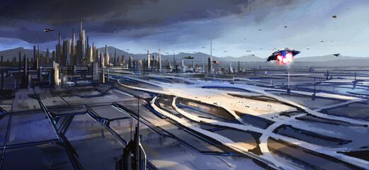 Wall Mural - a large transportation hub next to the city, a digital illustration of the sense of future technolog