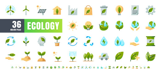 Naklejka na meble Vector of 36 Ecology and Green Energy Power Flat Color Icon Set. 48x48 and 192x192 Pixel.