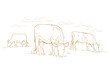 Cows graze in the meadow. Hand drawn sketch. Animal farm. Dairy product. Rural landscape panorama. Milk produce.