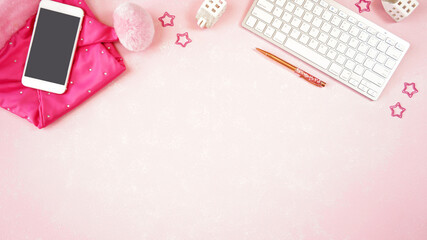 Wall Mural - Christmas holiday feminine pink theme desktop workspace with lady santa hat and accessories on stylish pink textured background. Top view blog hero header creative composition flat lay. Copy space.