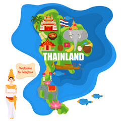  Thailand map with national symbols. Travel to Thailand. Traditional architecture.