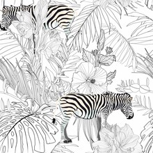 Tropical Zebra Animal, Palm Leaves, White Background. Seamless Pattern. Graphic Illustration. Exotic Jungle Plants. Summer Beach Line Black White Floral Design. 