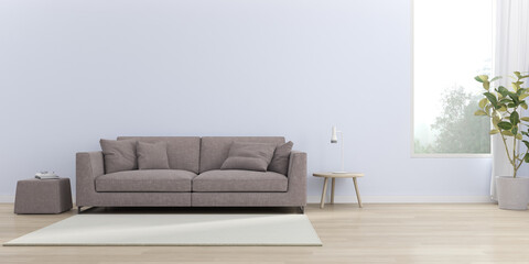 Poster - 3d render of modern living room with sofa on wooden floor, Empty wall with large window on nature background.
