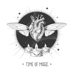 Wall Mural - Modern magic witchcraft taros card with human heart with wings  and burning candles on astrology background. Vector illustration