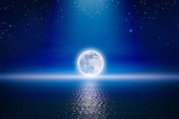 Poster - Starry night sky with full moon rising above serene sea. Serenity nature image with supermoon, outdoor at nighttime.