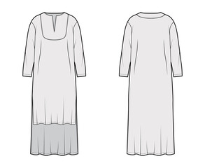 Wall Mural - Tunic cadi dress technical fashion illustration with kaftan neck, long sleeves, high-low length, relaxed fit. Flat apparel template front, back, grey color. Women, men, unisex top CAD mockup