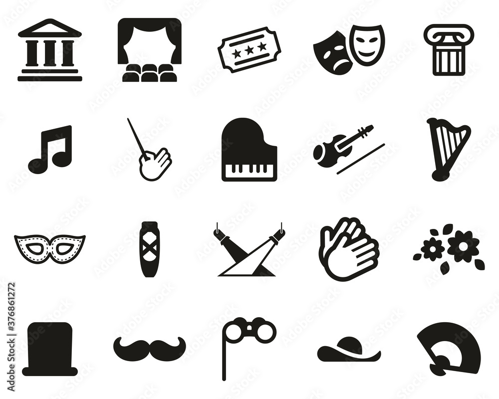 Theater Or Opera Icons Black & White Set Big Stock Vector | Adobe Stock