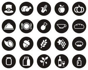 Sticker - Thanksgiving Holiday Dinner & Tradition Icons White On Black Flat Design Circle Set Big