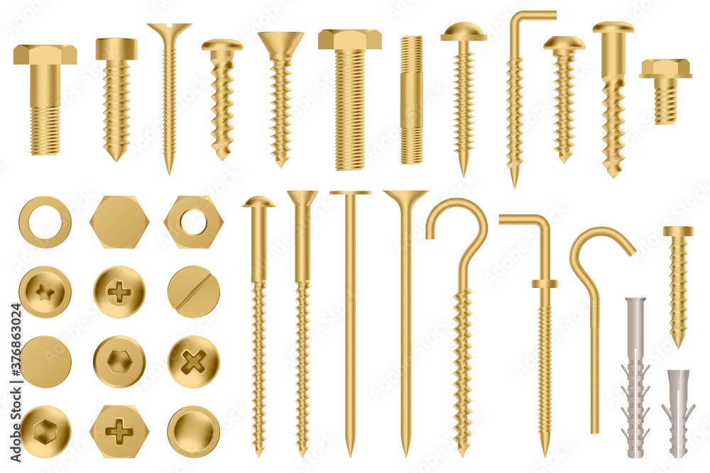 Realistic golden hardware. Construction gold metal hex cap nuts, 3d metal fixation gear, stainless screws and bolts vector illustration icons set. Eye hook, head fastener, metal rivet - obrazy, fototapety, plakaty 
