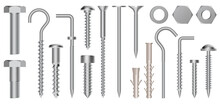 Realistic 3d Screws And Bolts. Hardware Stainless Screws, Bolts, Screw, Nuts And Eye Hooks, Metal Fixation Gear Isolated Vector Illustration Set. Construction Fasteners, Hex Cap Nuts And Twinfasts