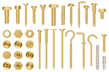 Realistic Golden Hardware. Construction Gold Metal Hex Cap Nuts, 3d Metal Fixation Gear, Stainless Screws And Bolts Vector Illustration Icons Set. Eye Hook, Head Fastener, Metal Rivet