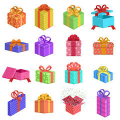 Wall Mural - Gift boxes. Birthday present box, wedding or xmas holidays gift boxes, greeting surprise presents with ribbons isolated vector illustration set. Prize for giveaway, happy event celebration