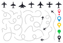 Plane Route Line. Planes Dotted Flight Pathway, Travel Destination Airplane Track, Planes And Traveling Routes Vector Illustration Icons Set. Dashed Trace Or Line Trail, Map Pins For Location