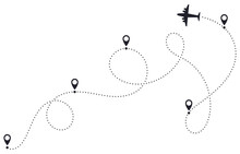 Airplane Route Line. Plane Dotted Route, Airplane Destination Track, Plane Traveling Destination Pathway, Plane Travel Map Vector Illustration. Location Points With Dashed Itinerary