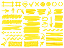 Hand Drawn Marker Strokes. Yellow Marker Stroke Lines, Markers Stripes And Highlight Elements, Permanent Marker Signs Vector Illustration Set As Check Marks, Heart, Arrow With Various Direction